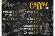 Restaurant or cafe menu coffee drinck with price.