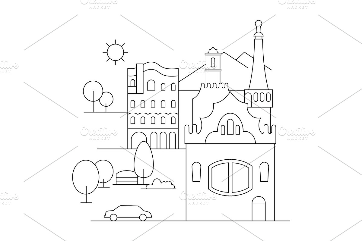 Vector city illustration in linear style - buildings and clouds - graphic design template. Coloring book in Illustrations - product preview 8
