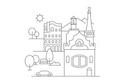 Vector city illustration in linear style - buildings and clouds - graphic design template. Coloring book