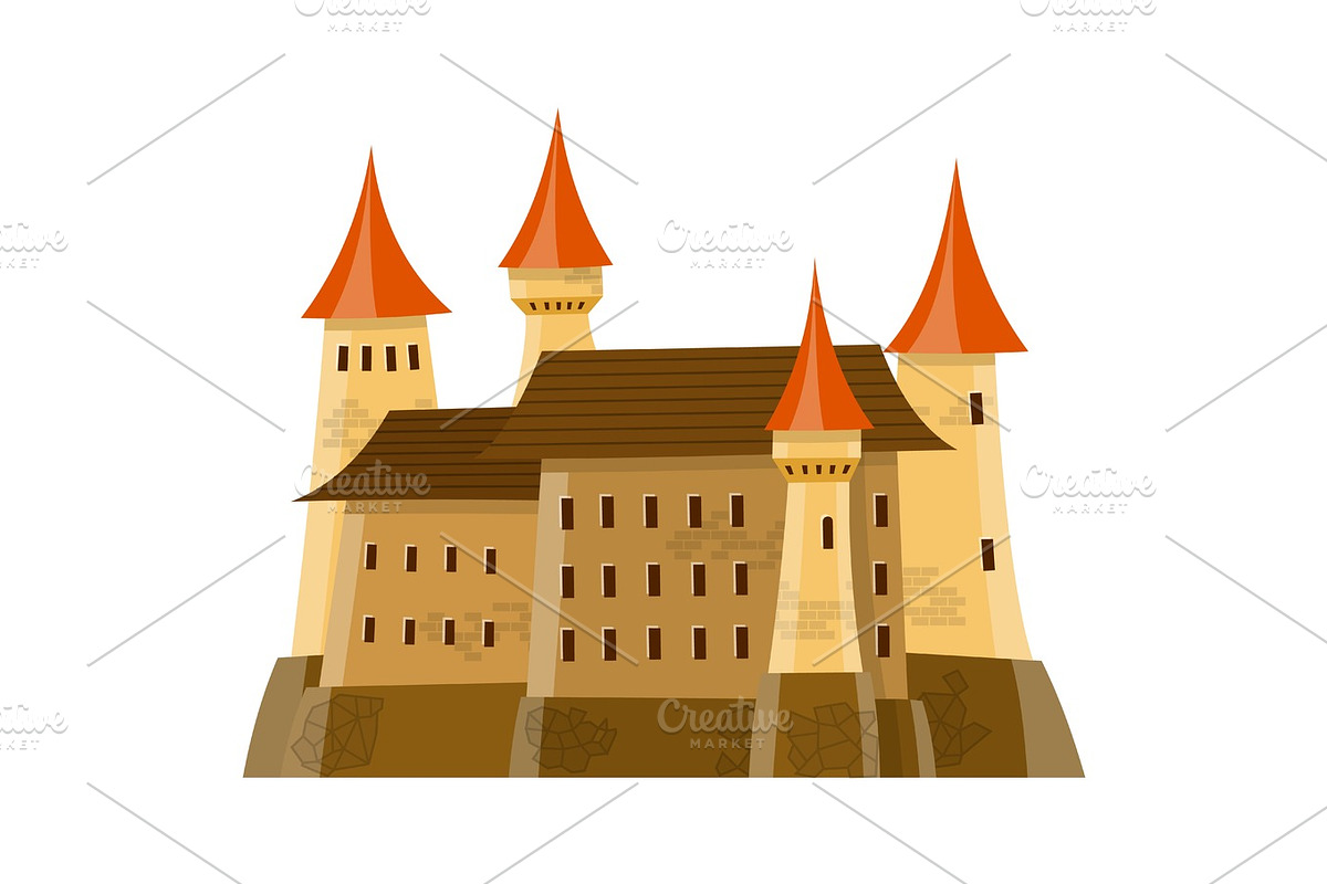Fairy medieval castle in cartoon style on white background is insulated in Illustrations - product preview 8