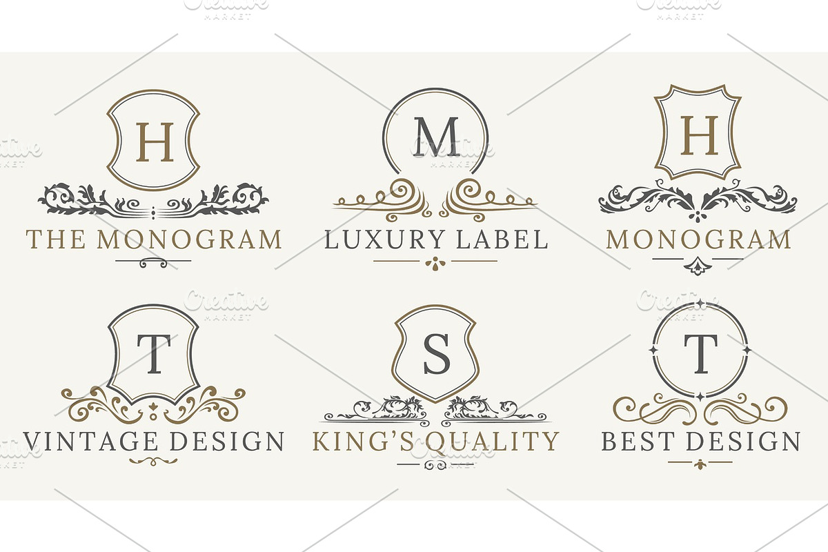 Retro Royal Vintage Shields Logotype set. Vector calligraphyc Luxury logo design elements. Business signs, logos, identity, spa, hotels, badges in Illustrations - product preview 8