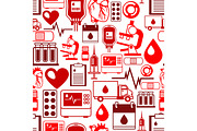 Seamless pattern with blood donation items. Medical and health care objects
