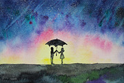 Star rain and couple, watercolor