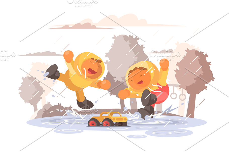 Happy children jumping in puddle in Illustrations - product preview 8
