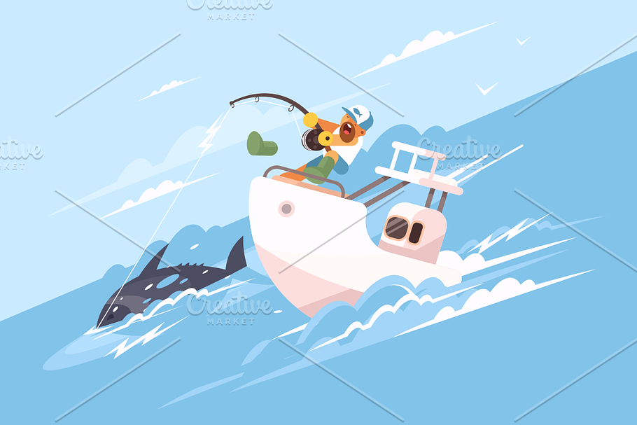 Fisherman catches tuna from yacht in Illustrations - product preview 8