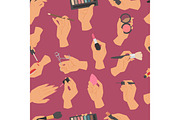 Collection of makeup cosmetics and brushes in hands seamless pattern background vector illustration.