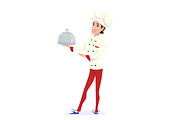 Vector illustration of cook chef carrying dinner plate meal and pointing to that