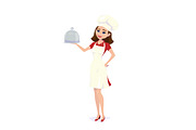Vector illustration of cook chef girl carrying dinner plate meal