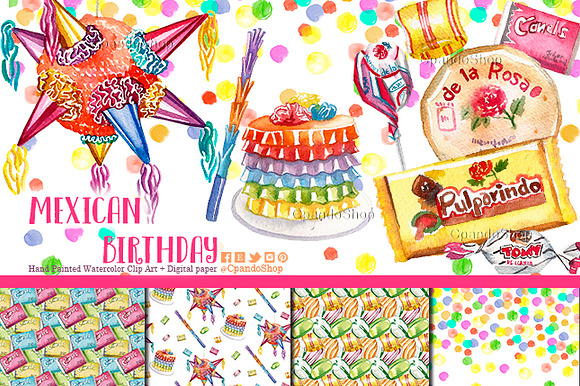 Mexican fiesta watercolor clip art in Illustrations - product preview 2