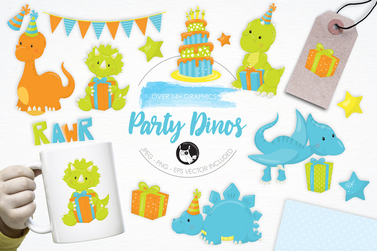 Party Dinos  illustration pack in Illustrations - product preview 8