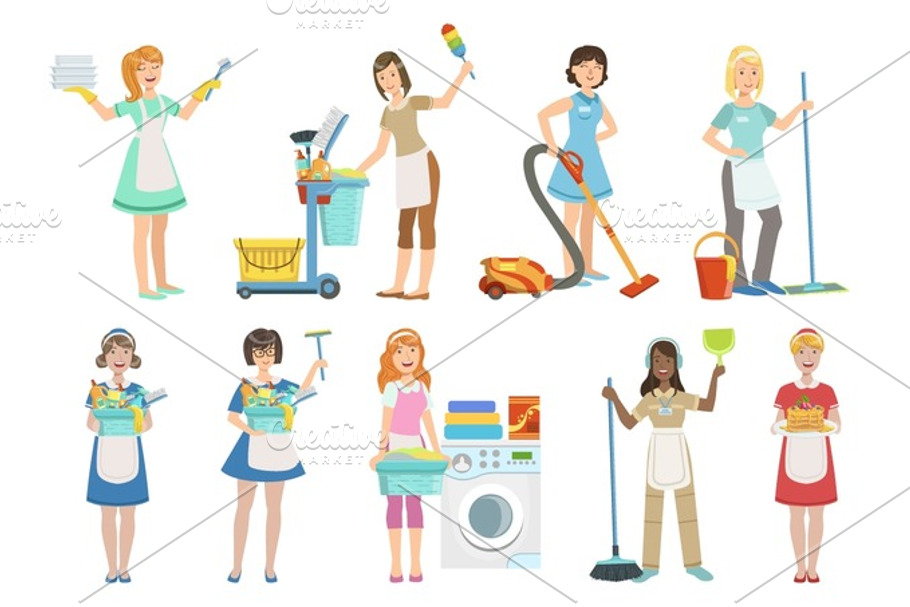 Hotel Professional Maids With Cleaning Equipment Set Of Illustrations in Illustrations - product preview 8