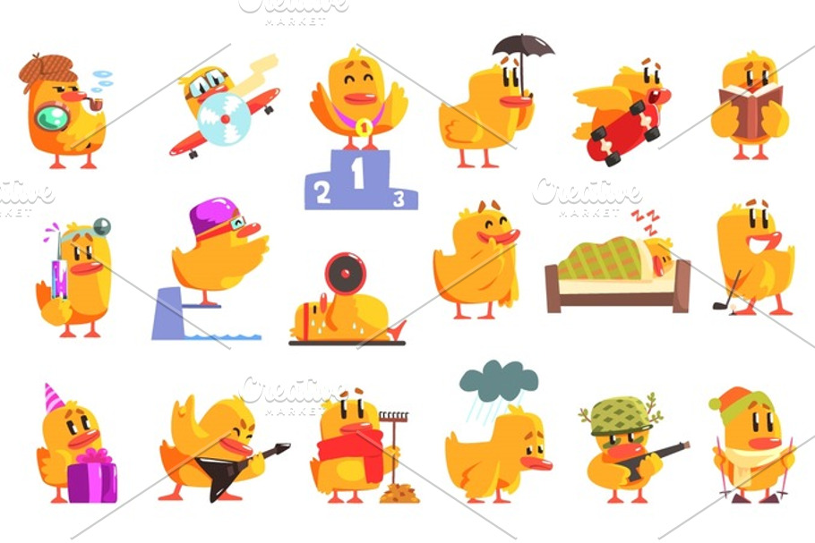 Duckling Different Activities Set Of Cool Character Stickers
