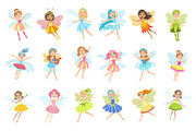 Cute Fairies In Pretty Dresses Girly Cartoon Characters Set