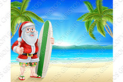 Santa surfer on tropical beach