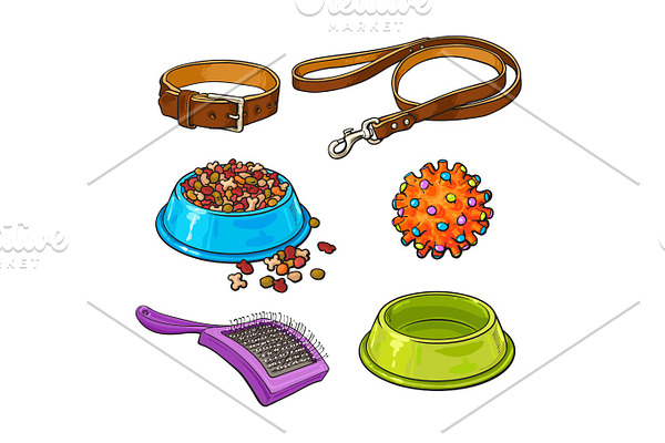 Pet, cat, dog accessories - bowl, collar, leash, rubber ball, hairbrush