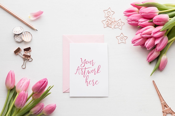 Pink Tulips Card/Invitation Mockup