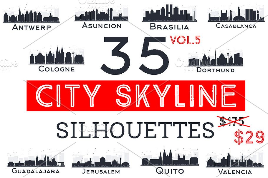 35 City Skyline Silhouettes Set