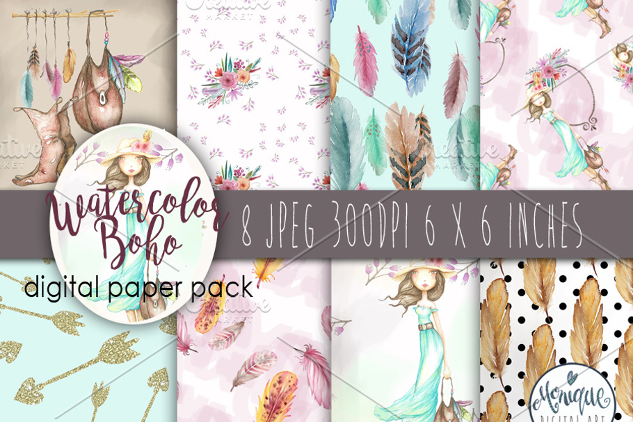 Boho Girl Digital Paper in Patterns - product preview 8