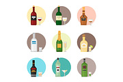 Alcohol drinks beverages cocktail whiskey drink bottle lager refreshment container and menu drunk concept different bottle and glasses vector illustration.