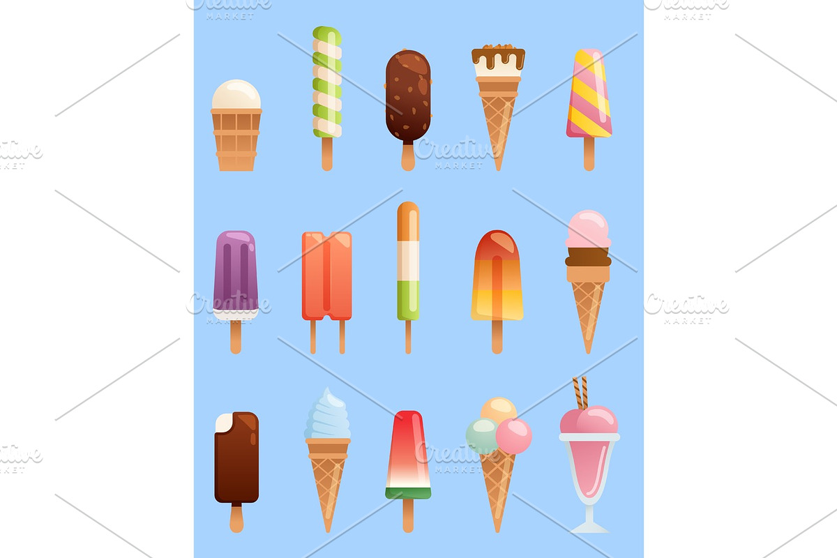 Set ice cartoon colorful cream dessert vector illustration chocolate food sweet cold isolated icon snack cone tasty fruit frozen candy collection in Illustrations - product preview 8