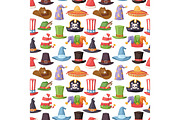 Different funny hats for party and holidays masquerade vector seamless pattern