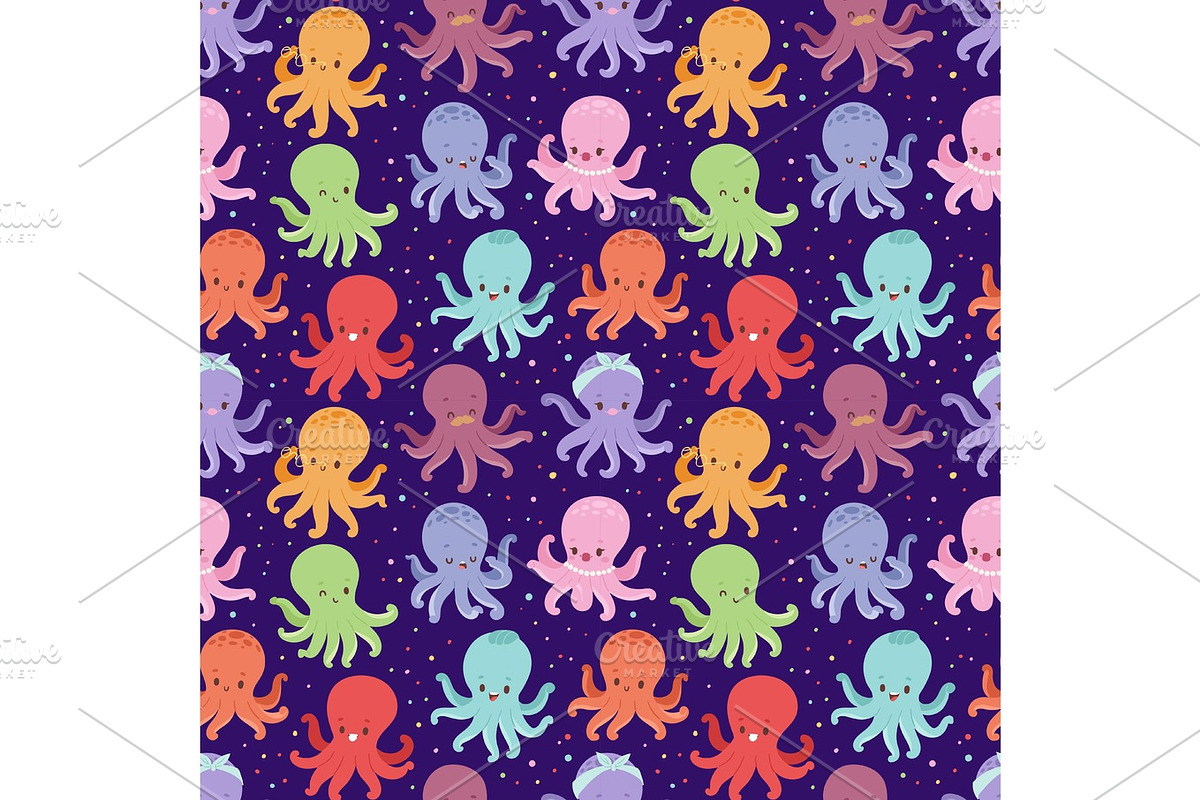 Illustration of cartoon octopus character vector seamless pattern in Illustrations - product preview 8