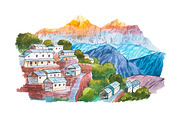 Warecolor illustration Himalayan village aquarelle drawings landscape.