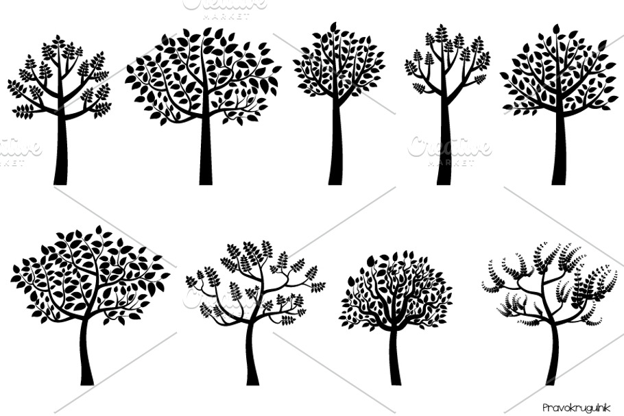 Black leafy tree silhouettes clipart