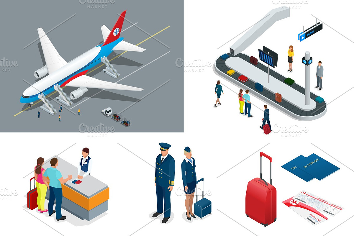 Isometric Airport Travel and transport Icons. Isolated people, airport terminal, airplane, traveler man and woman, airport runway, plane, runway, airport security. in Illustrations - product preview 8