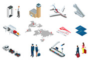 Isometric Airport Travel and transport Icons. Isolated people, airport terminal, airplane, traveler man and woman, airport runway, plane, runway, airport security.
