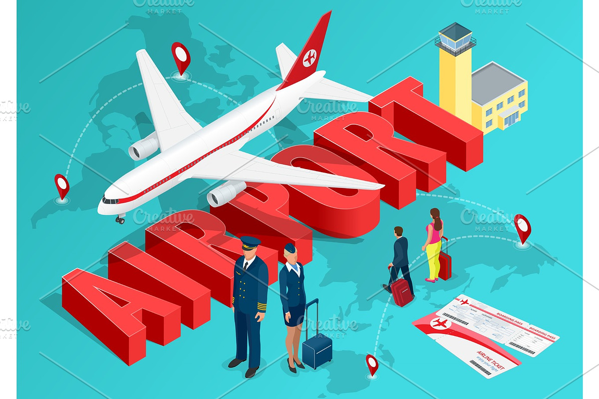 Isometric Airport Travel concept. The passenger plane on the background of the map of the world and the text of the airport with a pilot, a flight attendant and people walking with suitcases. Vector in Illustrations - product preview 8