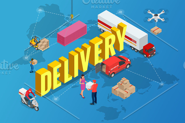 Isometric delivery concept. Delivery of goods from anywhere in the world home.