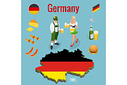 Isometric icon set of Traditional symbols of culture and cuisine of Germany or Deutschland. Federal Republic of Germany and flag. Flat vector illustrations.