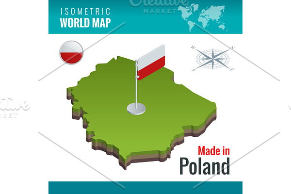 Isometric map and flag of the Poland, officially the Republic of Poland. Country in Central Europe.