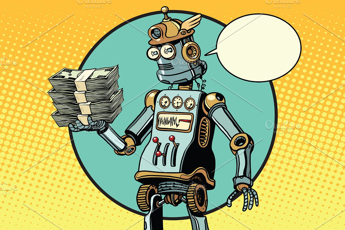 Retro robot with a bundle of money in Illustrations - product preview 8