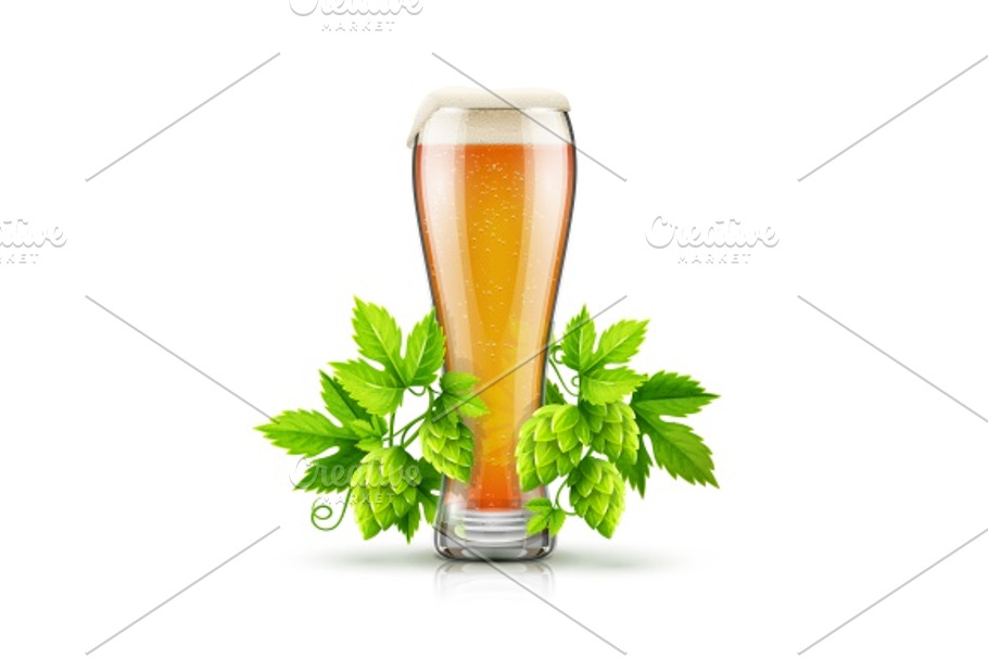 Glass of light lager beer with hop plant in Illustrations - product preview 8