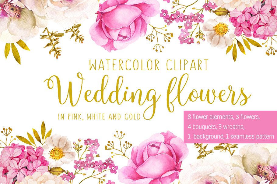 Wedding flowers in pink and gold in Illustrations - product preview 8