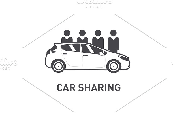 Car Sharing. Group of people behind car. Flat design. Line icon
