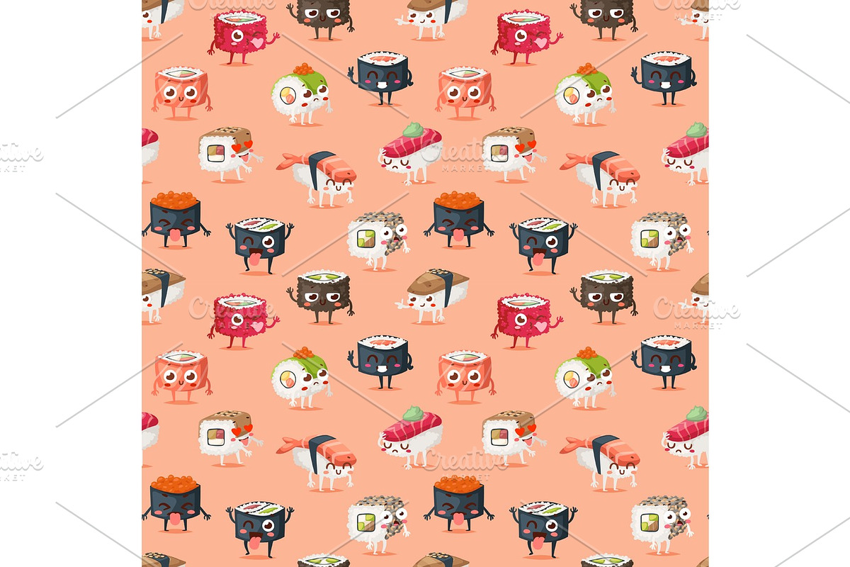 Sushi character vector food seamless pattern in Illustrations - product preview 8