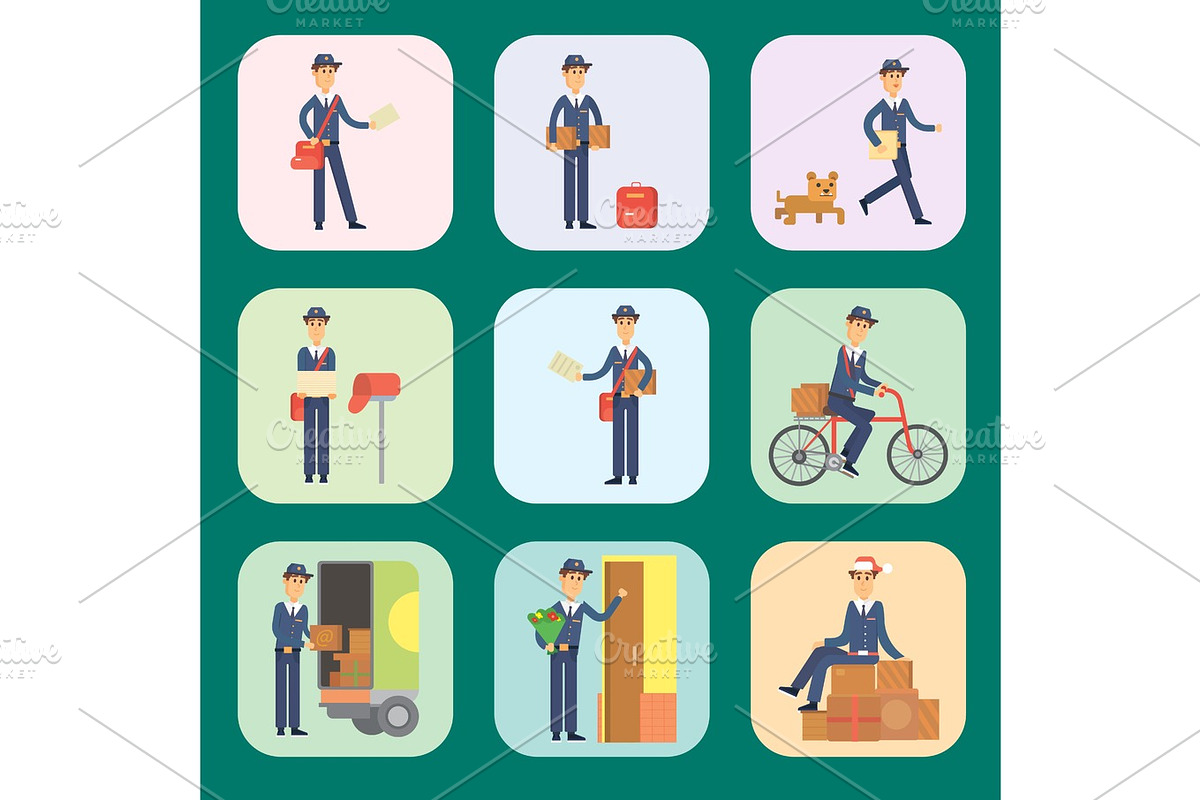Postman delivery man cards character vector courier occupation carrier cute male package transportation. in Illustrations - product preview 8