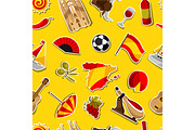 Spain seamless pattern. Spanish traditional sticker symbols and objects