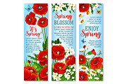 Spring flower field for greeting banner template.