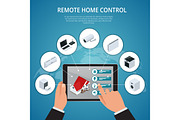 Smart House and internet of things concept. smartphone controls smart home like smart plug, fridge coffee maker washer microwave and music center flat icons. illustration