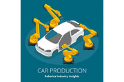 Car manufacturer or car production concept. Robotics Industry Insights. Automotive and electronics are top industry sectors for robotics use. Flat 3d vector isometric illustration