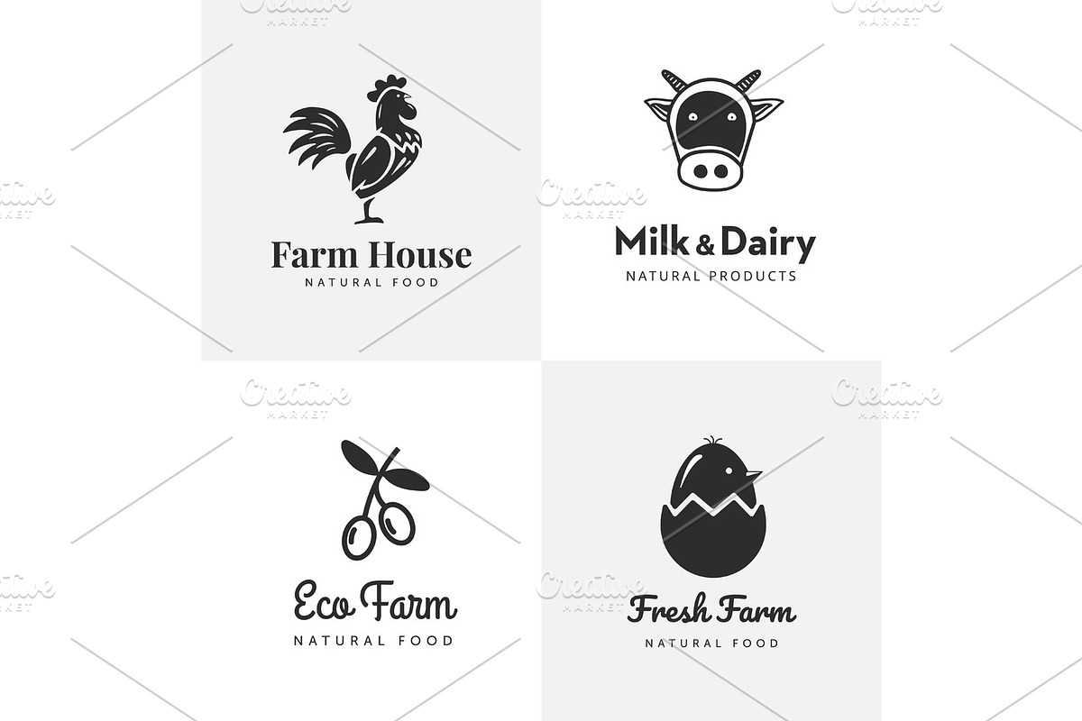 Fresh farm logos set. Vector labels for business with products from chicken meat, milk, dairy, eggs and olives. in Illustrations - product preview 8