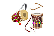 Dhol types of double-headed drum and wooden sticks vector illustration