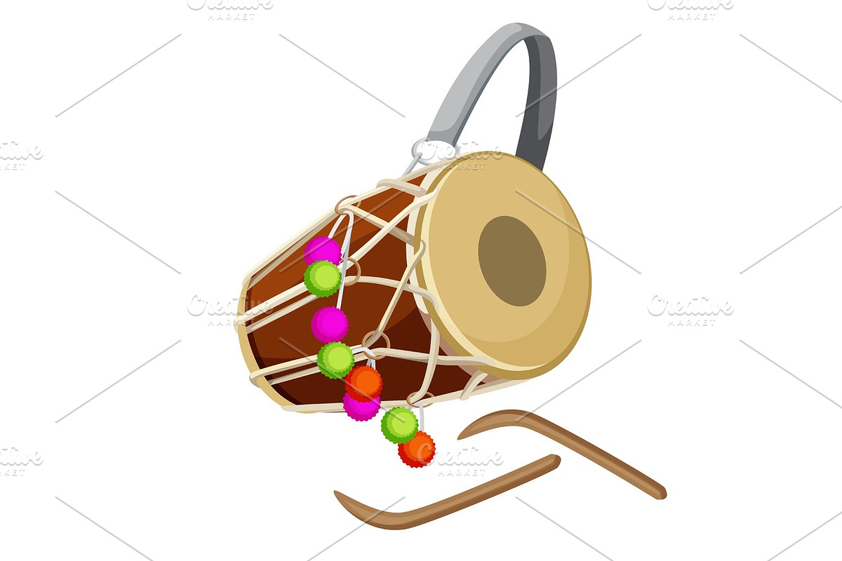 Drum percussion instrument double-headed dhol and wooden sticks vector in Objects - product preview 8