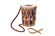 Drum percussion instrument double-headed dhol and wooden sticks vector