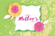 Happy Mother's Day Greeting card. Pink Paper cut Flower. Square wave Frame. Space for text.