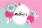 Happy Mother's Day Greeting card. Pink Blue Paper cut Flower. Circle Frame. Space for text.